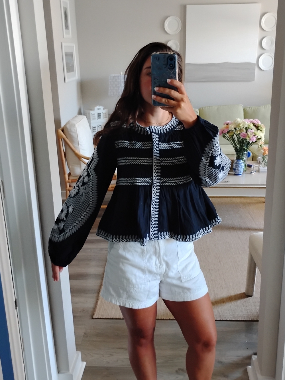 7 For All Mankind 100% Cotton Dark Navy Peplum Blouse with White Embroidery